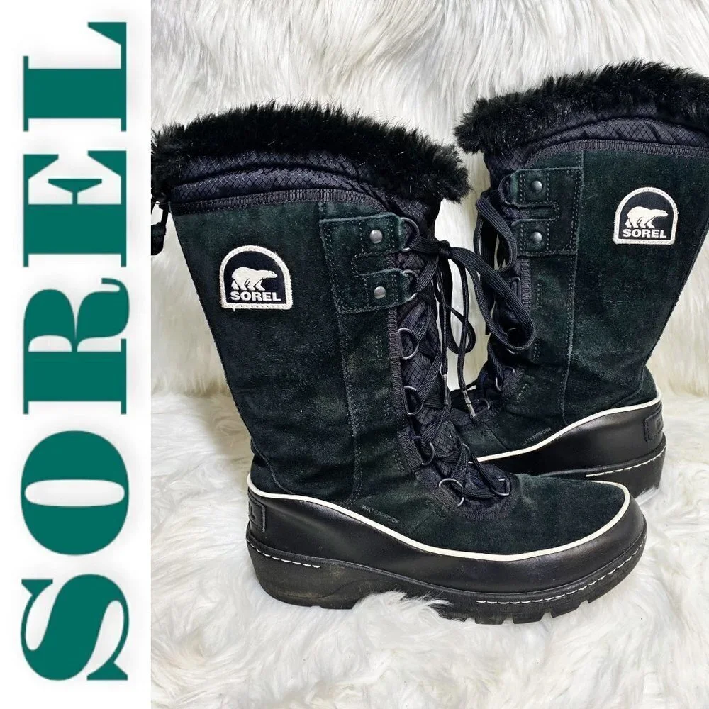 SOREL Tivoli III High Black Suede Faux Fur Trimmed Mid-Calf Boot, Size 7.5‎